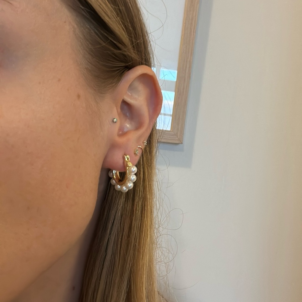white and gold hoops micro Pearl hoop earrings
